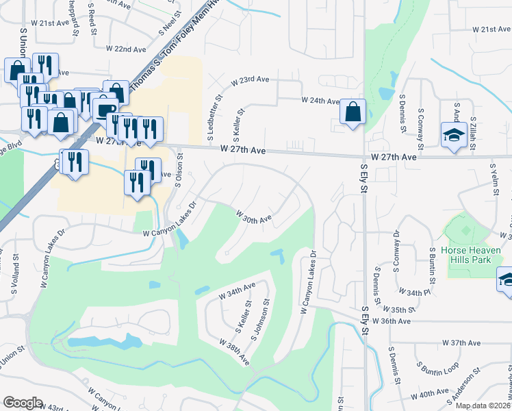 map of restaurants, bars, coffee shops, grocery stores, and more near 2929 South Keller Place in Kennewick
