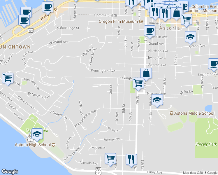 map of restaurants, bars, coffee shops, grocery stores, and more near 1341 3rd Street in Astoria