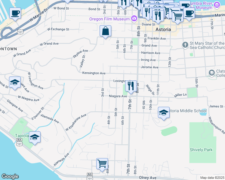 map of restaurants, bars, coffee shops, grocery stores, and more near 437 Madison Avenue in Astoria