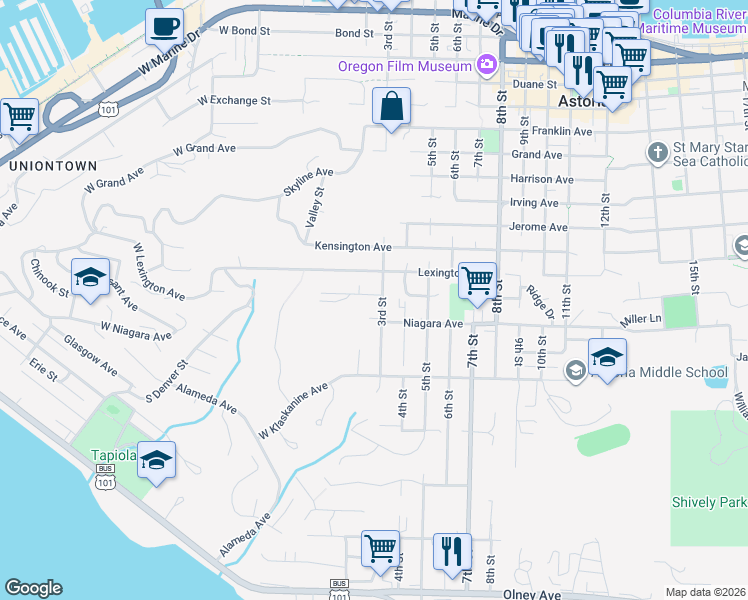 map of restaurants, bars, coffee shops, grocery stores, and more near 1313 3rd Street in Astoria