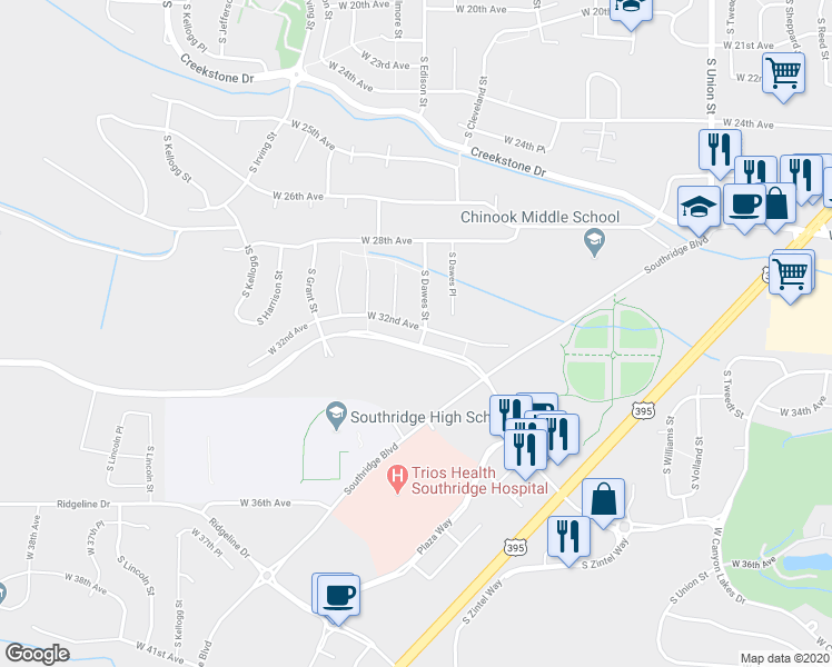 map of restaurants, bars, coffee shops, grocery stores, and more near 5201 West 32nd Avenue in Kennewick