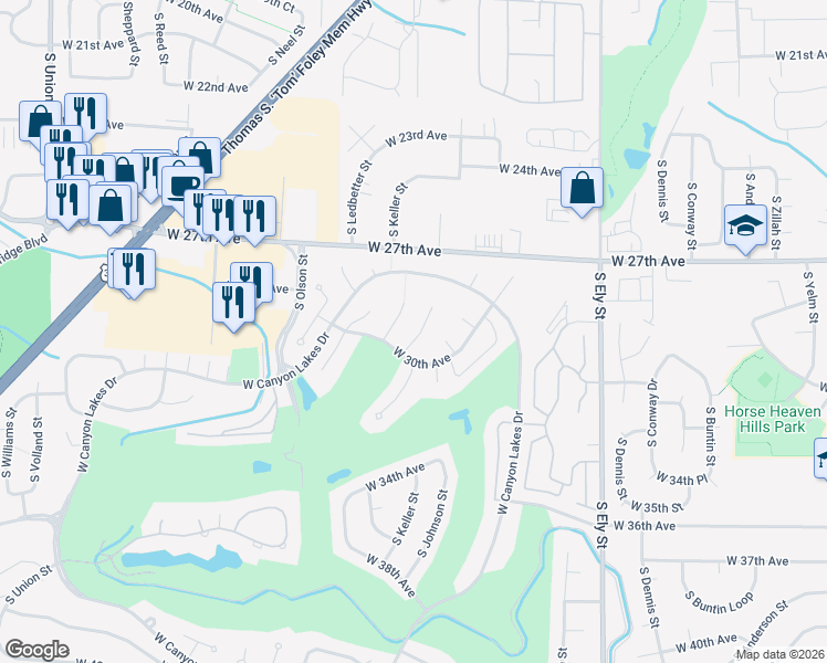 map of restaurants, bars, coffee shops, grocery stores, and more near 2929 South Keller Place in Kennewick