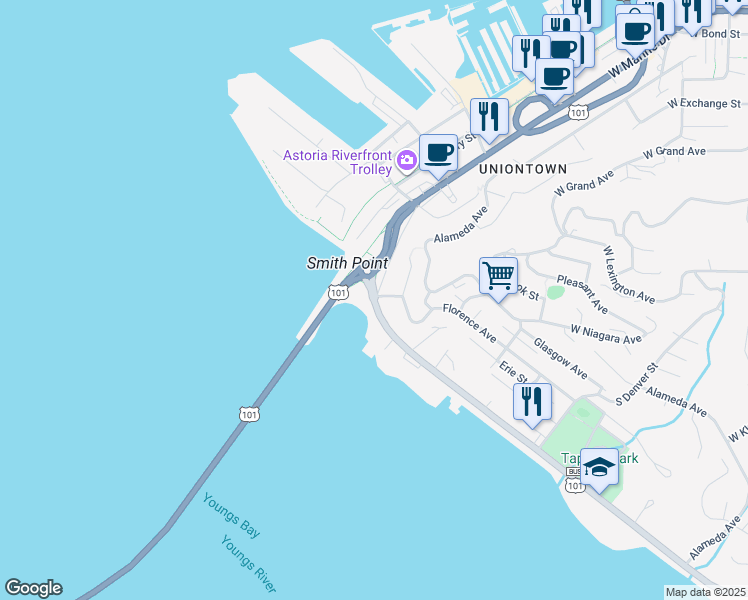 map of restaurants, bars, coffee shops, grocery stores, and more near 600 West Marine Drive in Astoria