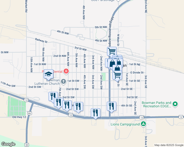 map of restaurants, bars, coffee shops, grocery stores, and more near 2-98 3rd Avenue Southwest in Bowman