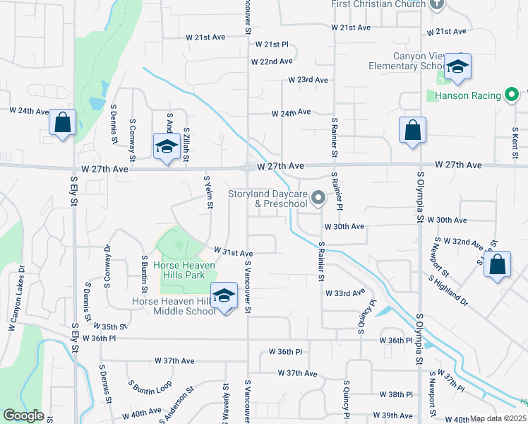 map of restaurants, bars, coffee shops, grocery stores, and more near 2824 South Underwood Street in Kennewick