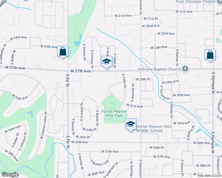 map of restaurants, bars, coffee shops, grocery stores, and more near 2908 South Anderson Street in Kennewick