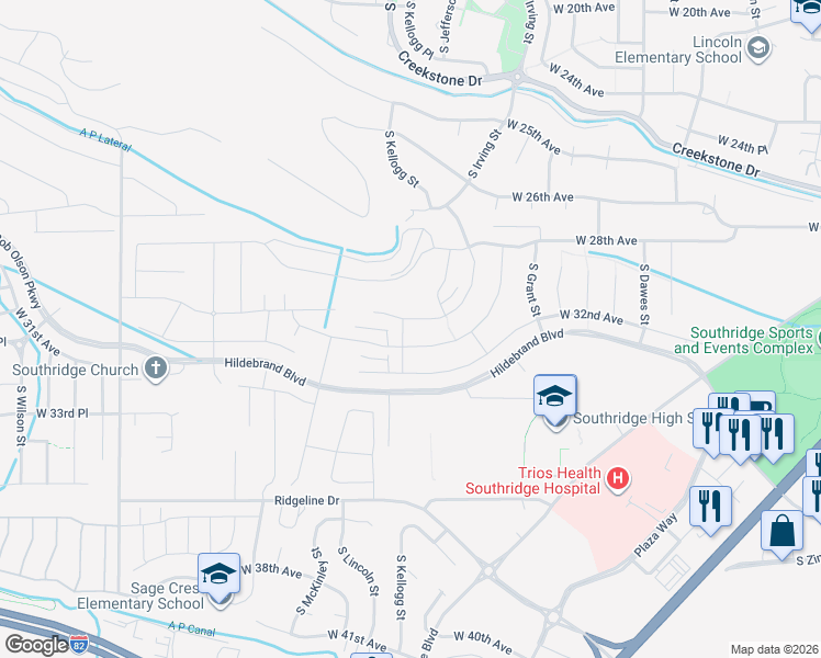 map of restaurants, bars, coffee shops, grocery stores, and more near 2934 South Kellogg Street in Kennewick