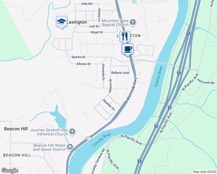 map of restaurants, bars, coffee shops, grocery stores, and more near 132 Adams Drive in Kelso