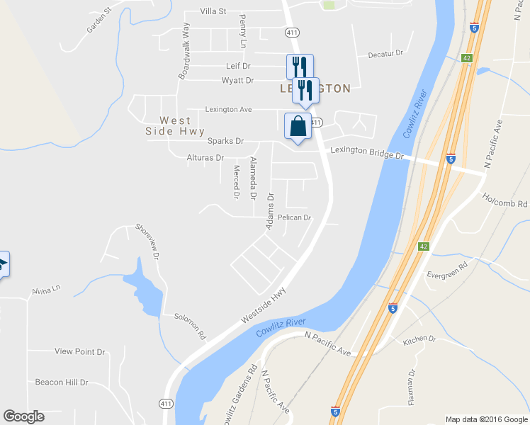 map of restaurants, bars, coffee shops, grocery stores, and more near 132 Adams Dr in Kelso