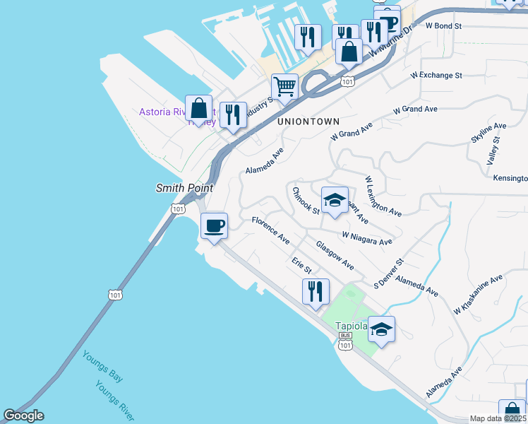 map of restaurants, bars, coffee shops, grocery stores, and more near 313 Oregon Street in Astoria