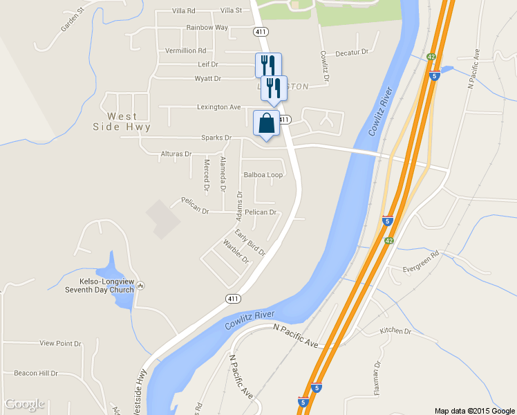 map of restaurants, bars, coffee shops, grocery stores, and more near 116 Mission Rd in Kelso