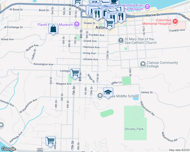 map of restaurants, bars, coffee shops, grocery stores, and more near 1060 Ridge Drive in Astoria