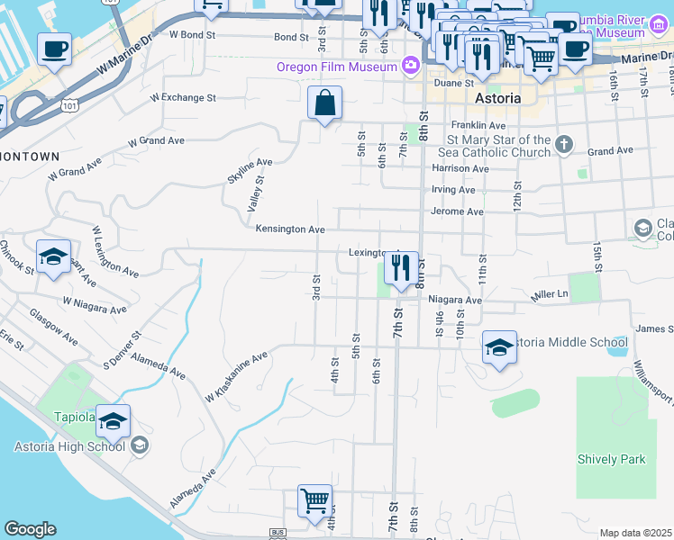 map of restaurants, bars, coffee shops, grocery stores, and more near 437 Madison Avenue in Astoria