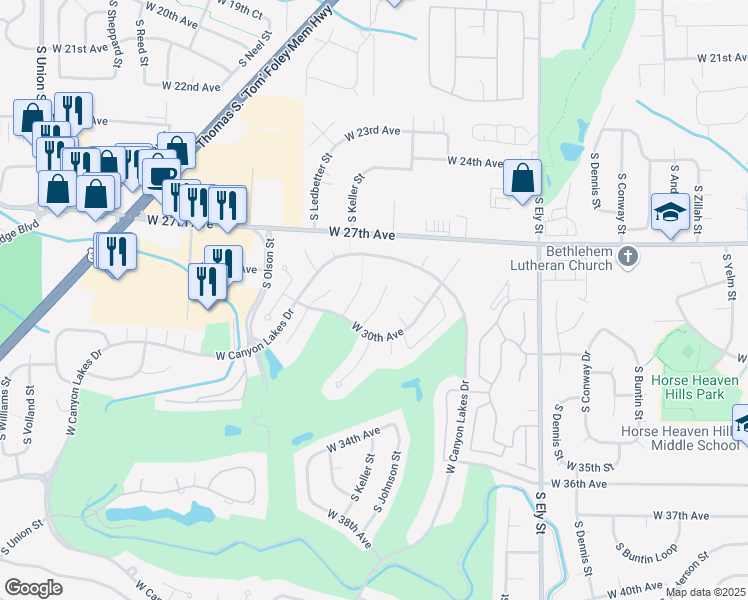 map of restaurants, bars, coffee shops, grocery stores, and more near 2926 South Keller Place in Kennewick