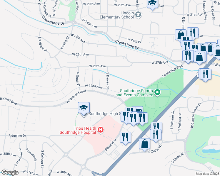 map of restaurants, bars, coffee shops, grocery stores, and more near 5122 West 32nd Avenue in Kennewick