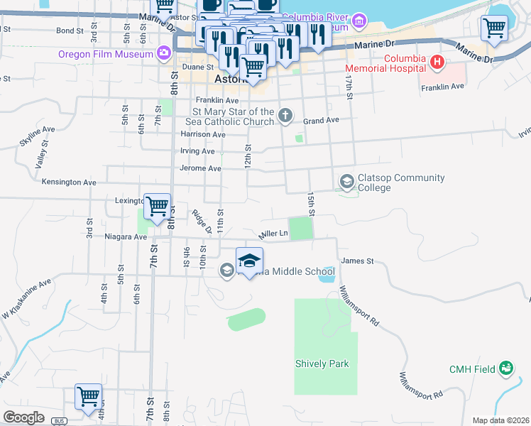 map of restaurants, bars, coffee shops, grocery stores, and more near 1307 Madison Avenue in Astoria