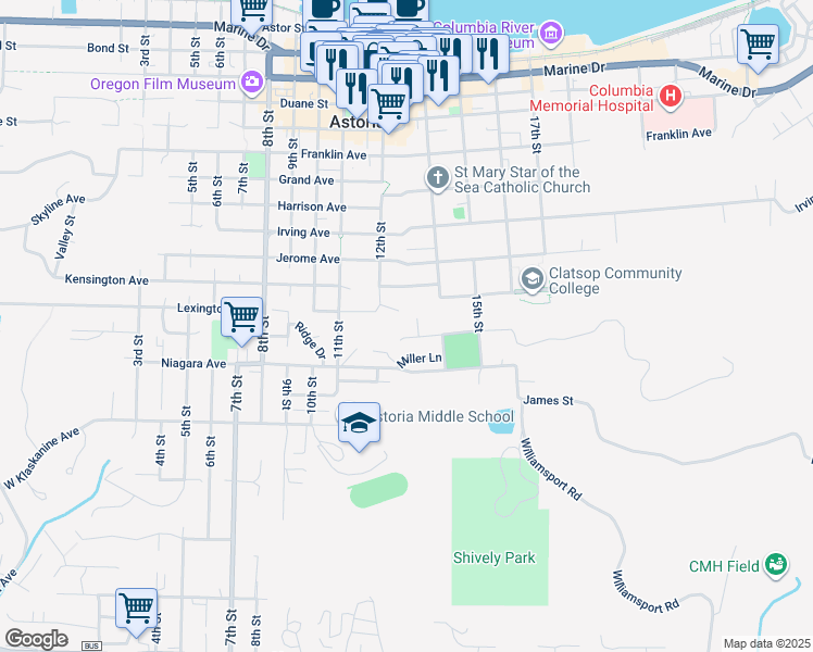 map of restaurants, bars, coffee shops, grocery stores, and more near 1307 Madison Avenue in Astoria