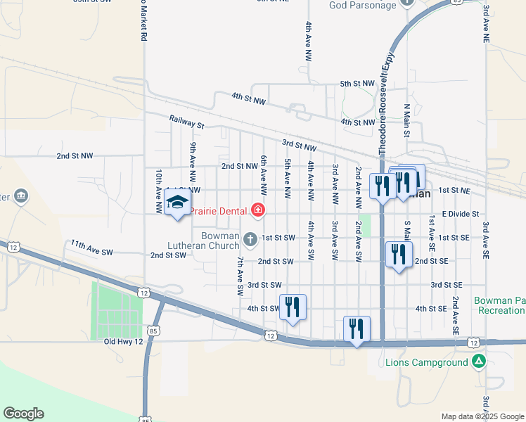 map of restaurants, bars, coffee shops, grocery stores, and more near 2-98 6th Avenue Southwest in Bowman