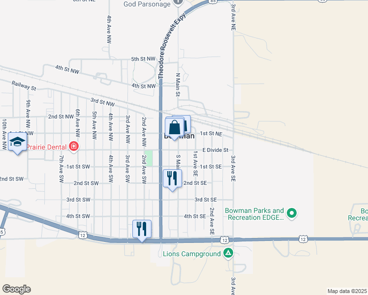 map of restaurants, bars, coffee shops, grocery stores, and more near 13 East Divide Street in Bowman