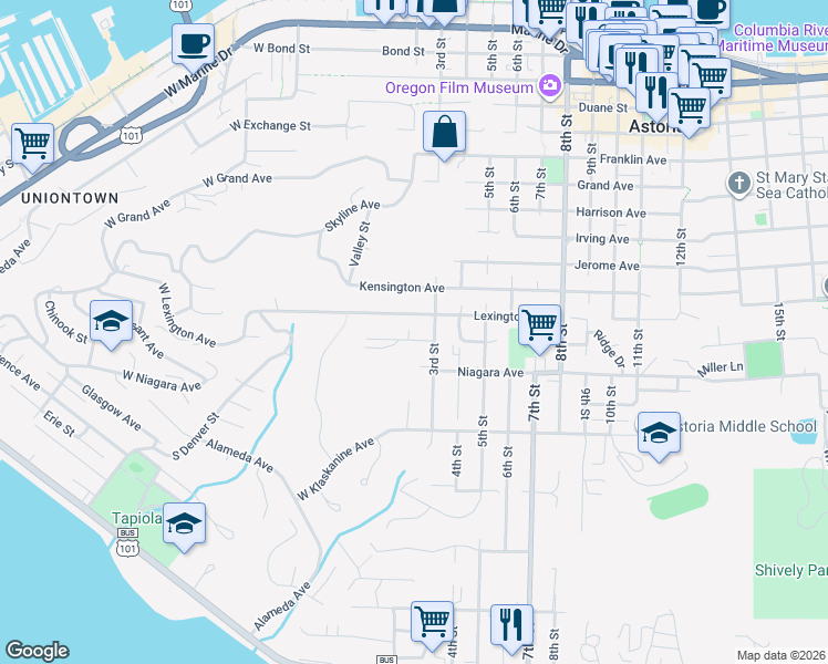 map of restaurants, bars, coffee shops, grocery stores, and more near 1313 3rd Street in Astoria