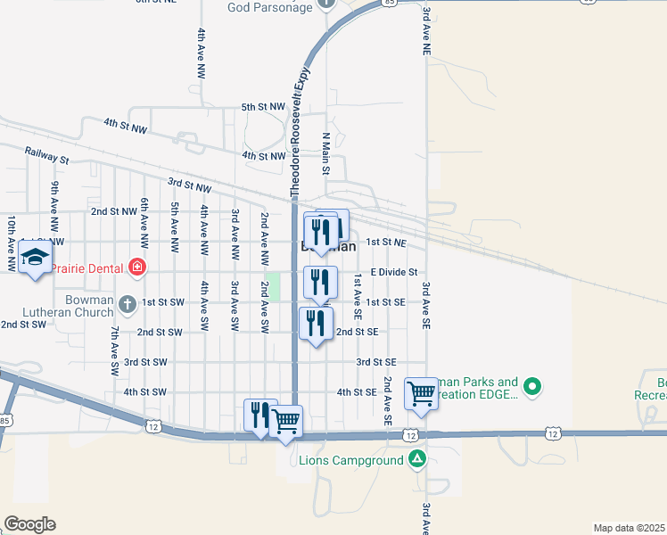 map of restaurants, bars, coffee shops, grocery stores, and more near 13 East Divide Street in Bowman