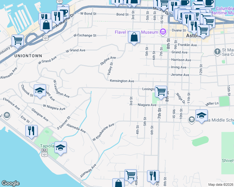 map of restaurants, bars, coffee shops, grocery stores, and more near 192 Madison Avenue in Astoria