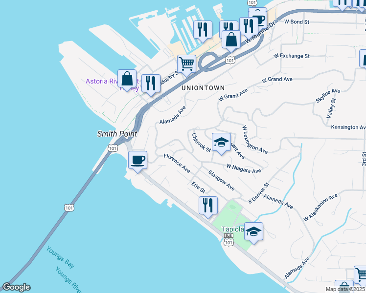 map of restaurants, bars, coffee shops, grocery stores, and more near 313 Oregon Street in Astoria
