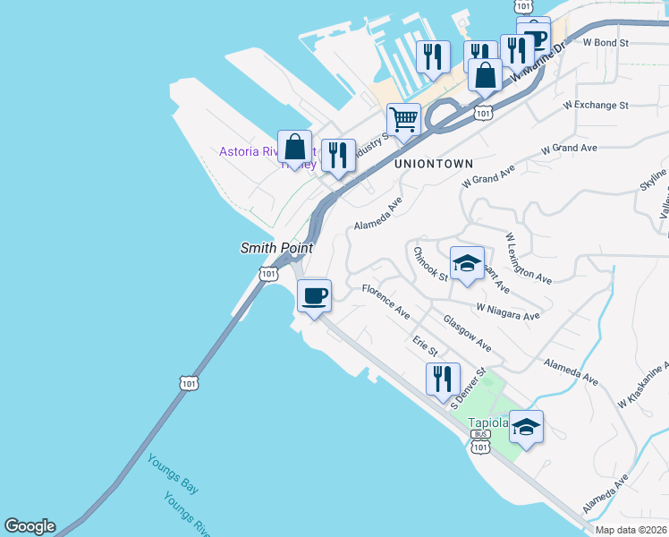 map of restaurants, bars, coffee shops, grocery stores, and more near 580 Florence Avenue in Astoria