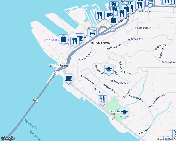 map of restaurants, bars, coffee shops, grocery stores, and more near 313 Oregon Street in Astoria