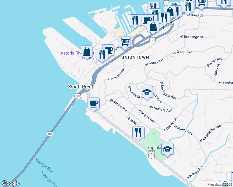map of restaurants, bars, coffee shops, grocery stores, and more near 313 Oregon Street in Astoria
