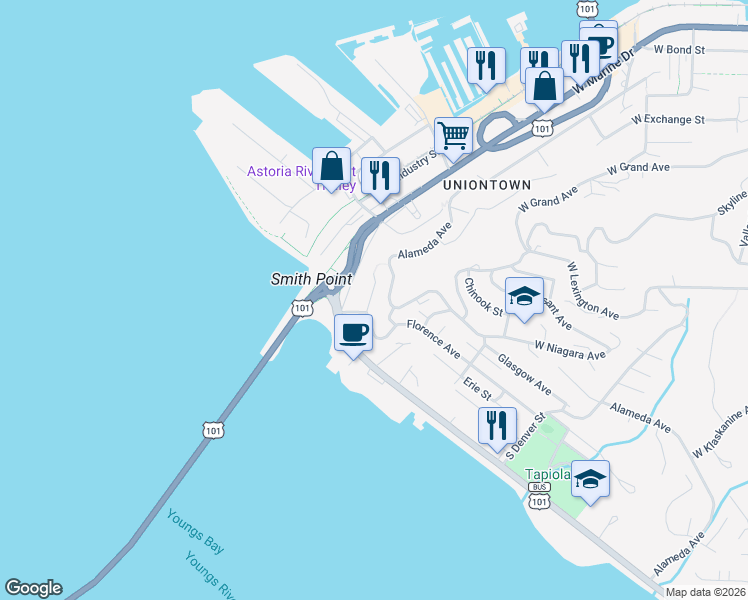 map of restaurants, bars, coffee shops, grocery stores, and more near 580 Florence Avenue in Astoria