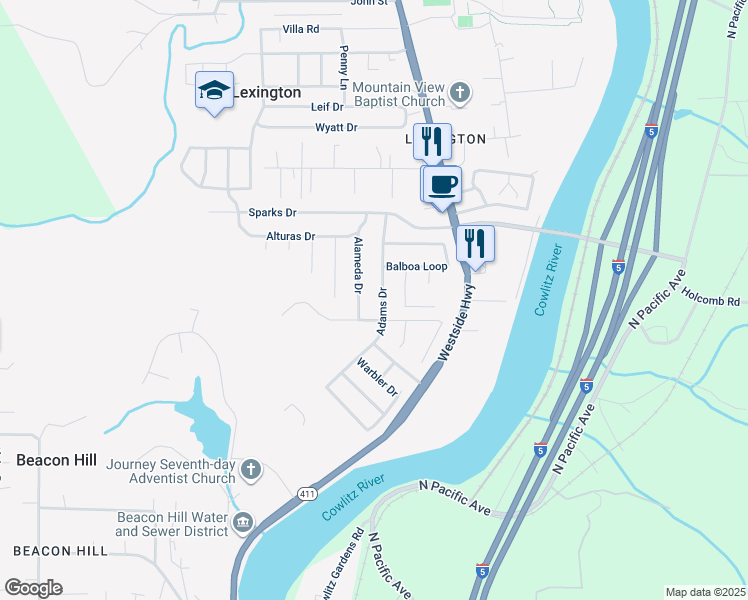 map of restaurants, bars, coffee shops, grocery stores, and more near 128 Adams Drive in Kelso