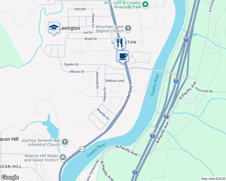 map of restaurants, bars, coffee shops, grocery stores, and more near 116 Mission Road in Kelso