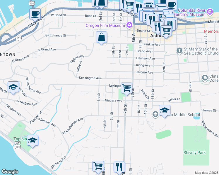 map of restaurants, bars, coffee shops, grocery stores, and more near 437 Madison Avenue in Astoria