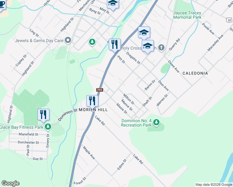 map of restaurants, bars, coffee shops, grocery stores, and more near 35 School Street in Glace Bay