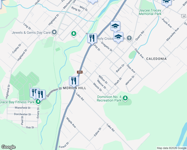map of restaurants, bars, coffee shops, grocery stores, and more near 35 School Street in Glace Bay