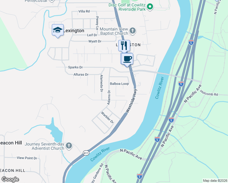 map of restaurants, bars, coffee shops, grocery stores, and more near 179 Balboa Loop in Kelso