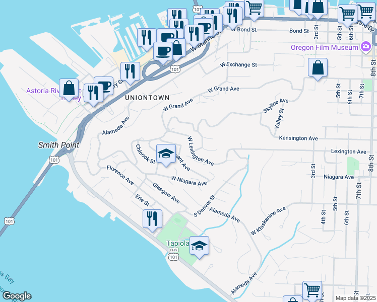 map of restaurants, bars, coffee shops, grocery stores, and more near 369 West Lexington Avenue in Astoria