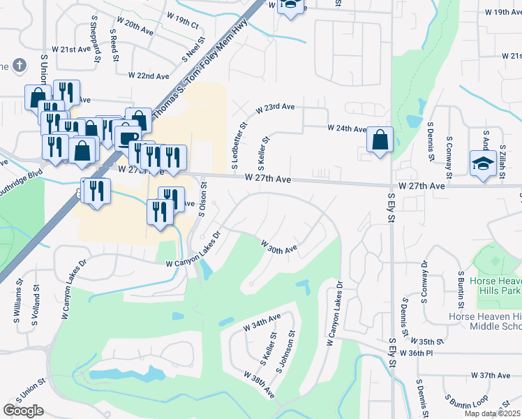 map of restaurants, bars, coffee shops, grocery stores, and more near 312 West Canyon Lakes Drive in Kennewick