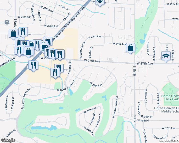 map of restaurants, bars, coffee shops, grocery stores, and more near 312 West Canyon Lakes Drive in Kennewick