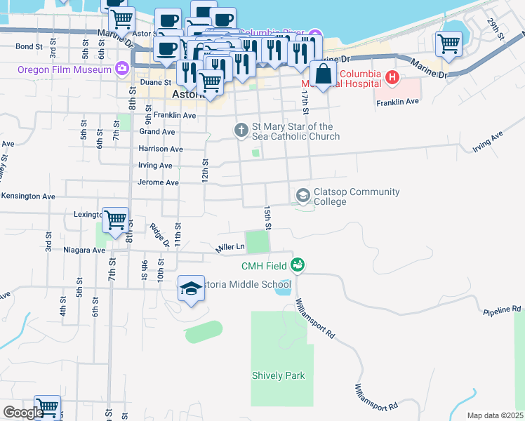 map of restaurants, bars, coffee shops, grocery stores, and more near 1215 15th Street in Astoria