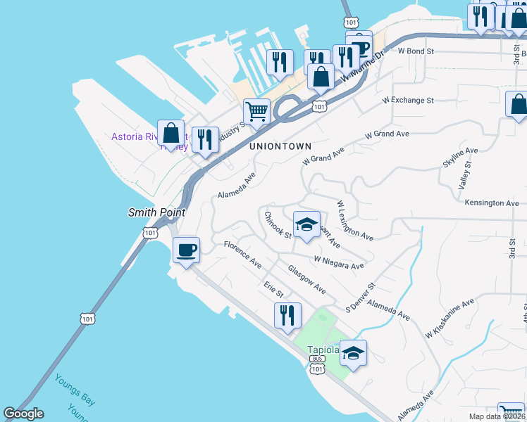 map of restaurants, bars, coffee shops, grocery stores, and more near 570 West Lexington Avenue in Astoria