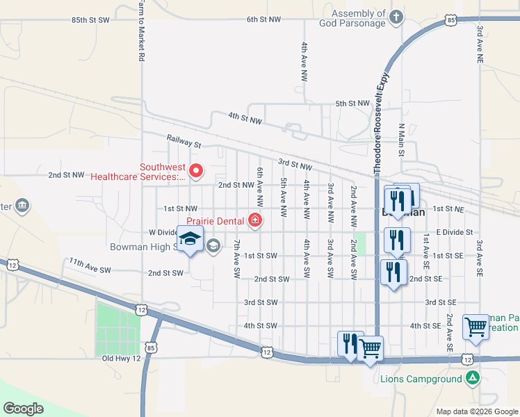 map of restaurants, bars, coffee shops, grocery stores, and more near 101 6th Avenue Northwest in Bowman