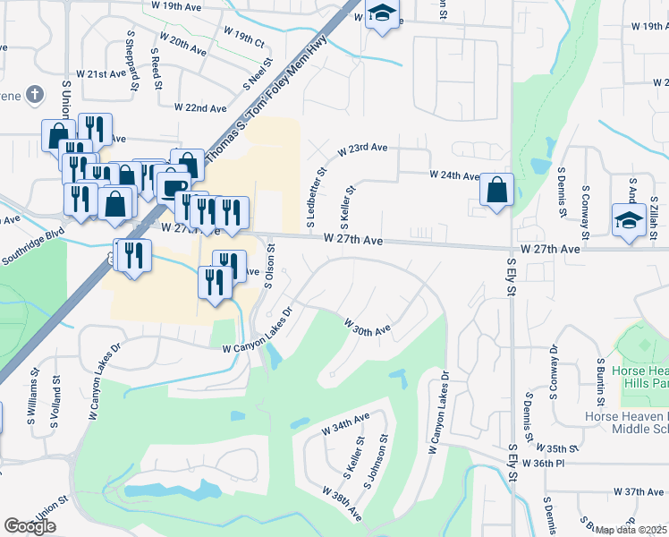 map of restaurants, bars, coffee shops, grocery stores, and more near 312 West Canyon Lakes Drive in Kennewick