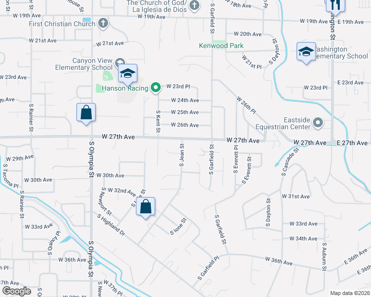 map of restaurants, bars, coffee shops, grocery stores, and more near 2717 South Jean Street in Kennewick