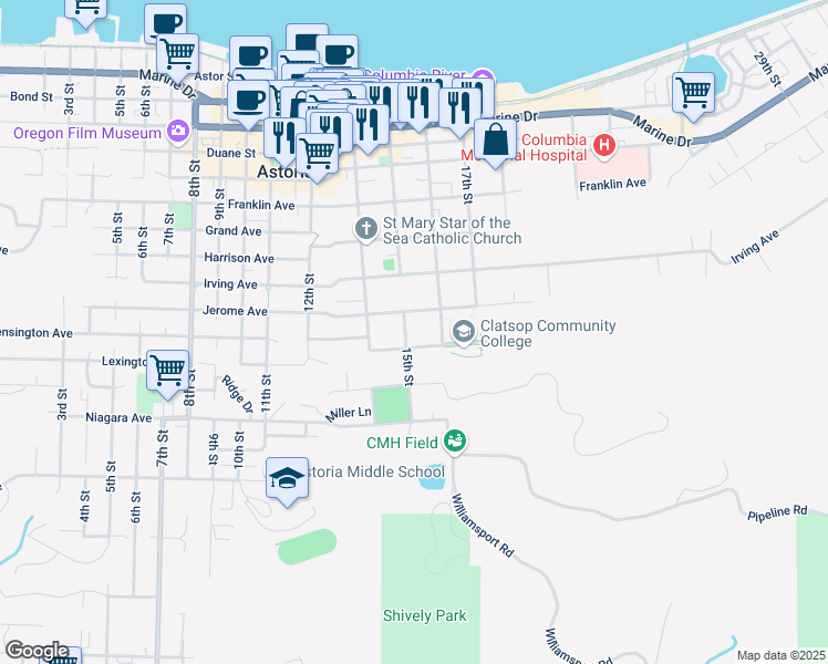 map of restaurants, bars, coffee shops, grocery stores, and more near 1114 15th Street in Astoria
