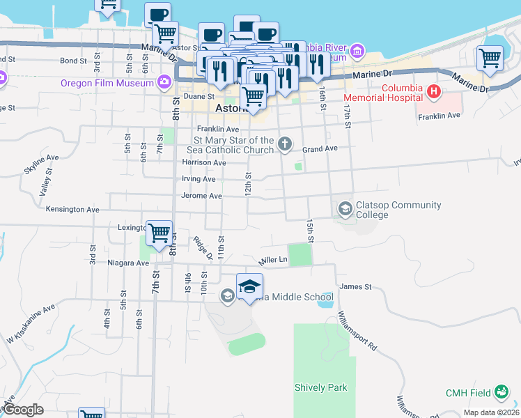 map of restaurants, bars, coffee shops, grocery stores, and more near 1288 Kensington Avenue in Astoria