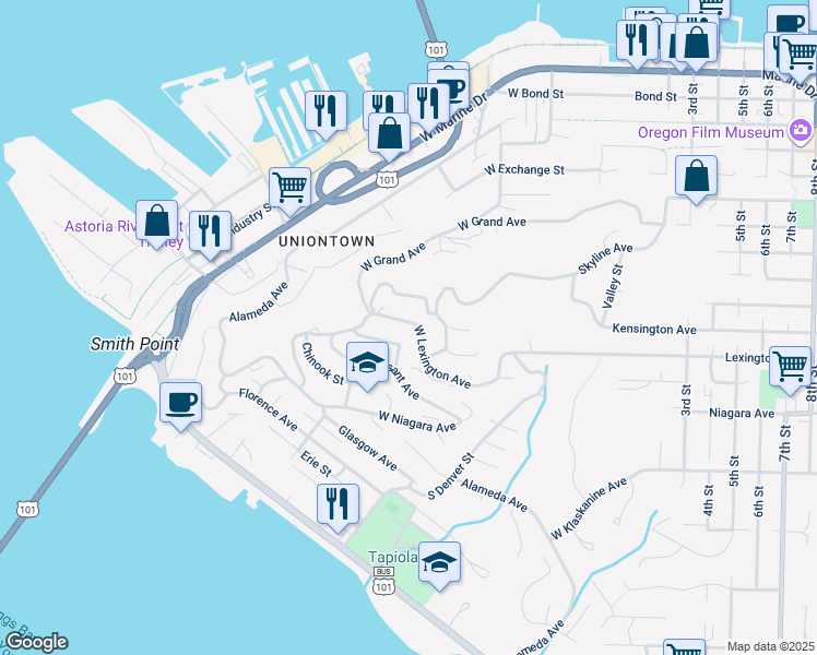 map of restaurants, bars, coffee shops, grocery stores, and more near 369 West Lexington Avenue in Astoria