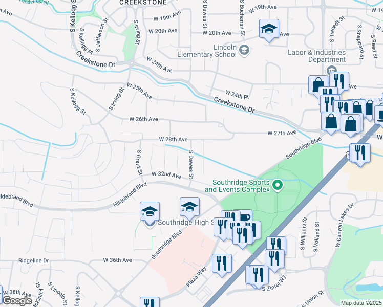 map of restaurants, bars, coffee shops, grocery stores, and more near 2901 South Dawes Street in Kennewick