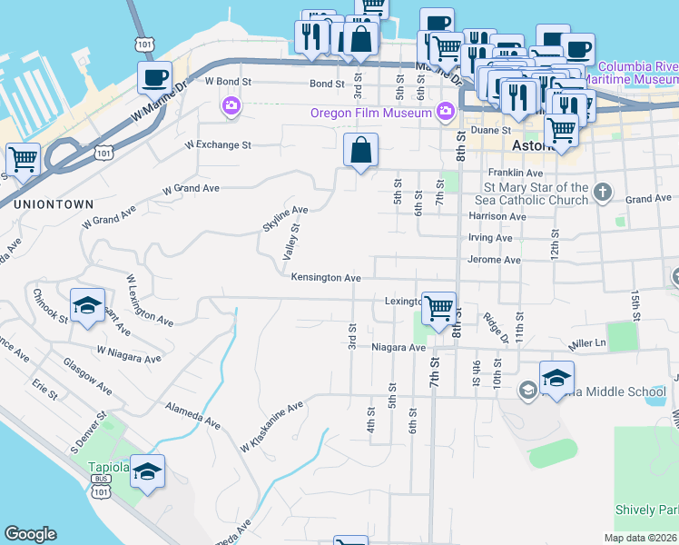 map of restaurants, bars, coffee shops, grocery stores, and more near 228 Kensington Avenue in Astoria